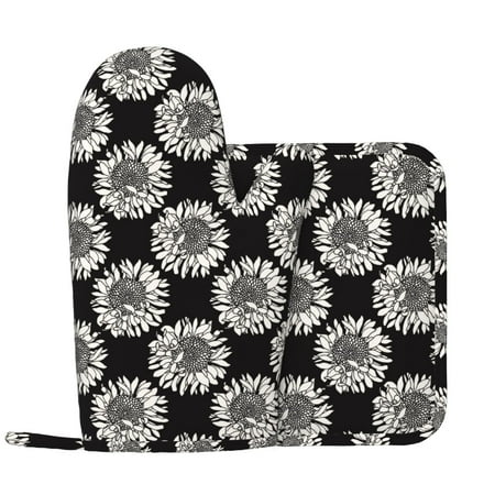 

Oven Mitts and Pot Holders Sets - Sunflowers Black White Heat Resistant Silicone Oven Gloves (Left Glove) with Non-Slip Silicone Surface and hot pads for kitchen Baking Cooking