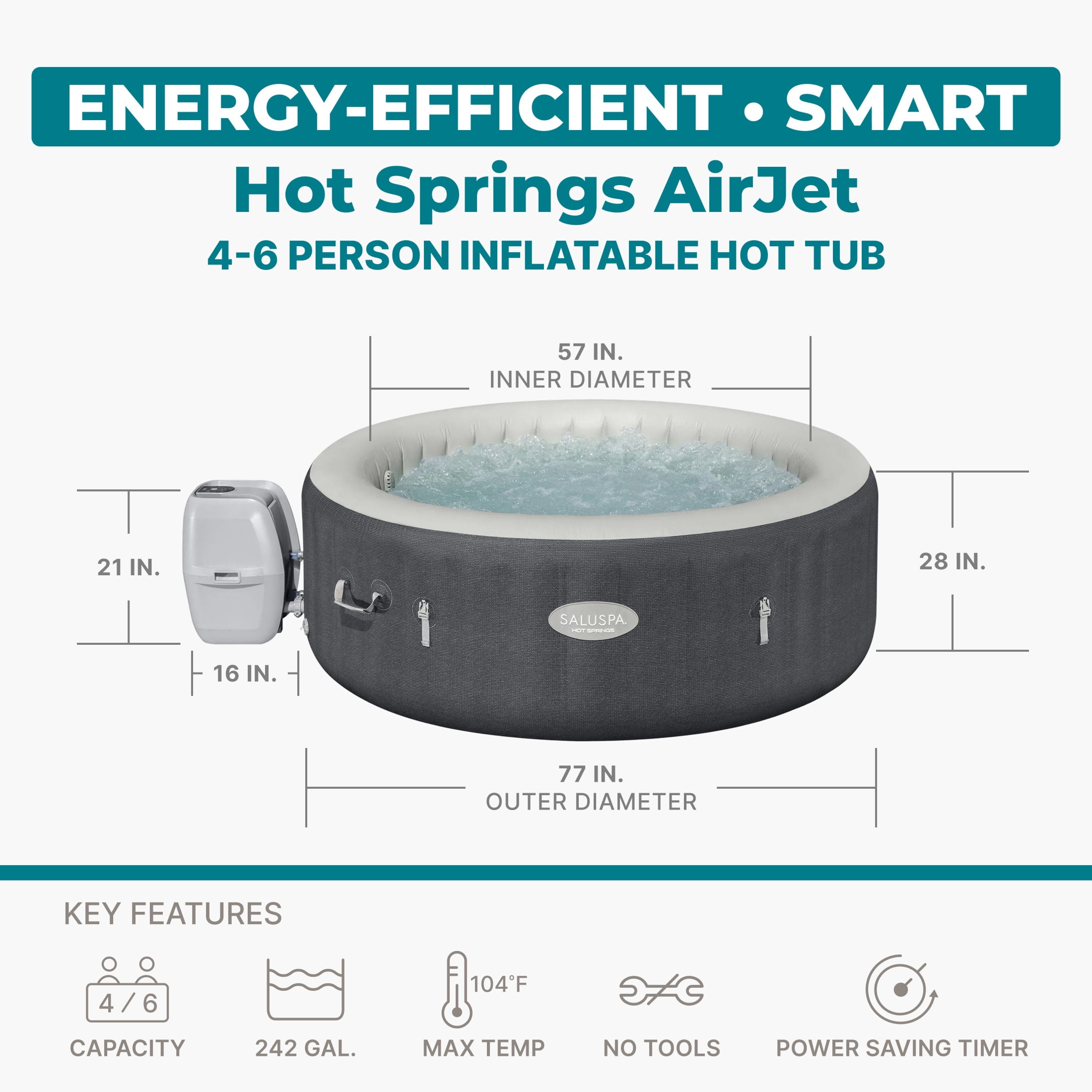 SaluSpa Hot Springs Energy-Efficient Smart AirJet 4-6 Person Inflatable Hot Tub with App-Control