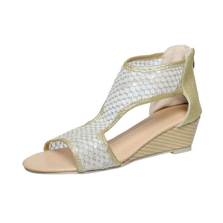QYZEU Womens Boho Sandals Formal Sandals Zipper Mesh Casual Flat Sandals Open Toe Wedges Soft Bottom Breathable Shoes Sandals Lightweight Sandals Gold 37