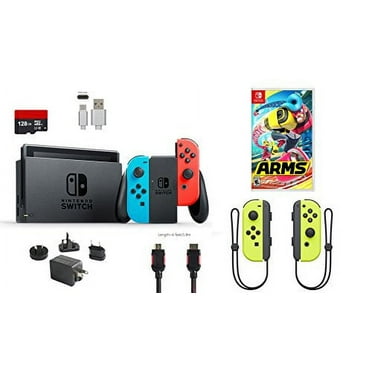 Nintendo Switch Bundle (7 items): 32GB Console Neon Red Blue Joy-con, 128GB Micro SD Card, Nintendo Joy-Con (L/R) Wireless Controllers Yellow, Game Disc-Arms, Type C Cable, HDMI Cable Wall Charger