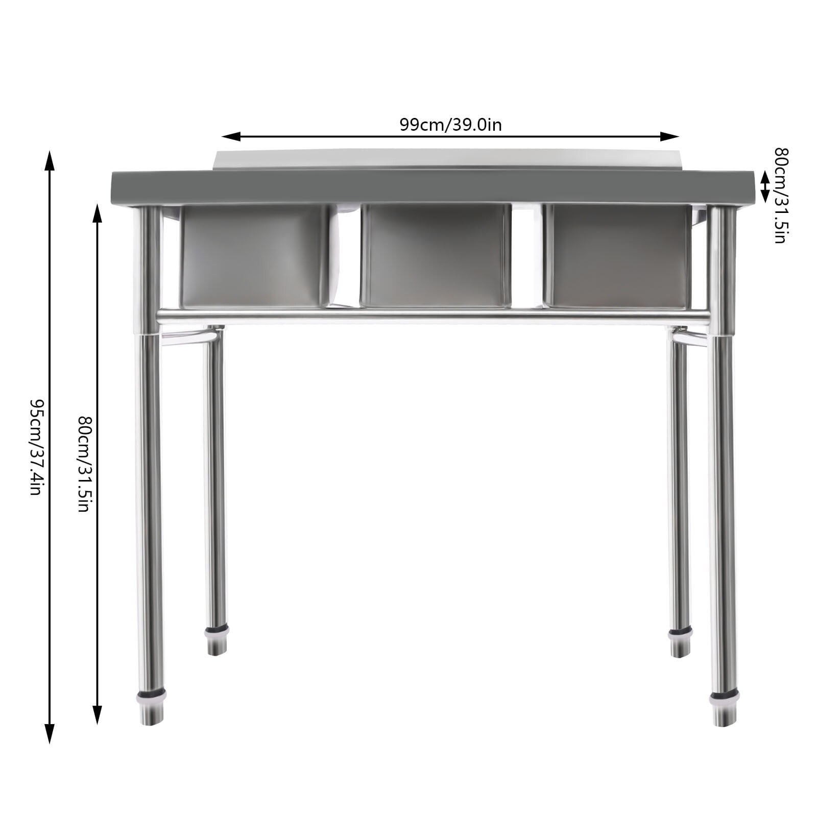 3 Compartment Commercial Kitchen Sink, 39 * 18 * 35.8in Stainless Steel Freestanding Utility Sink with 2 Hot & Cold Faucet Kitchen Prep & UtilitySink for Restaurant Bar Home Laundry Room Garage