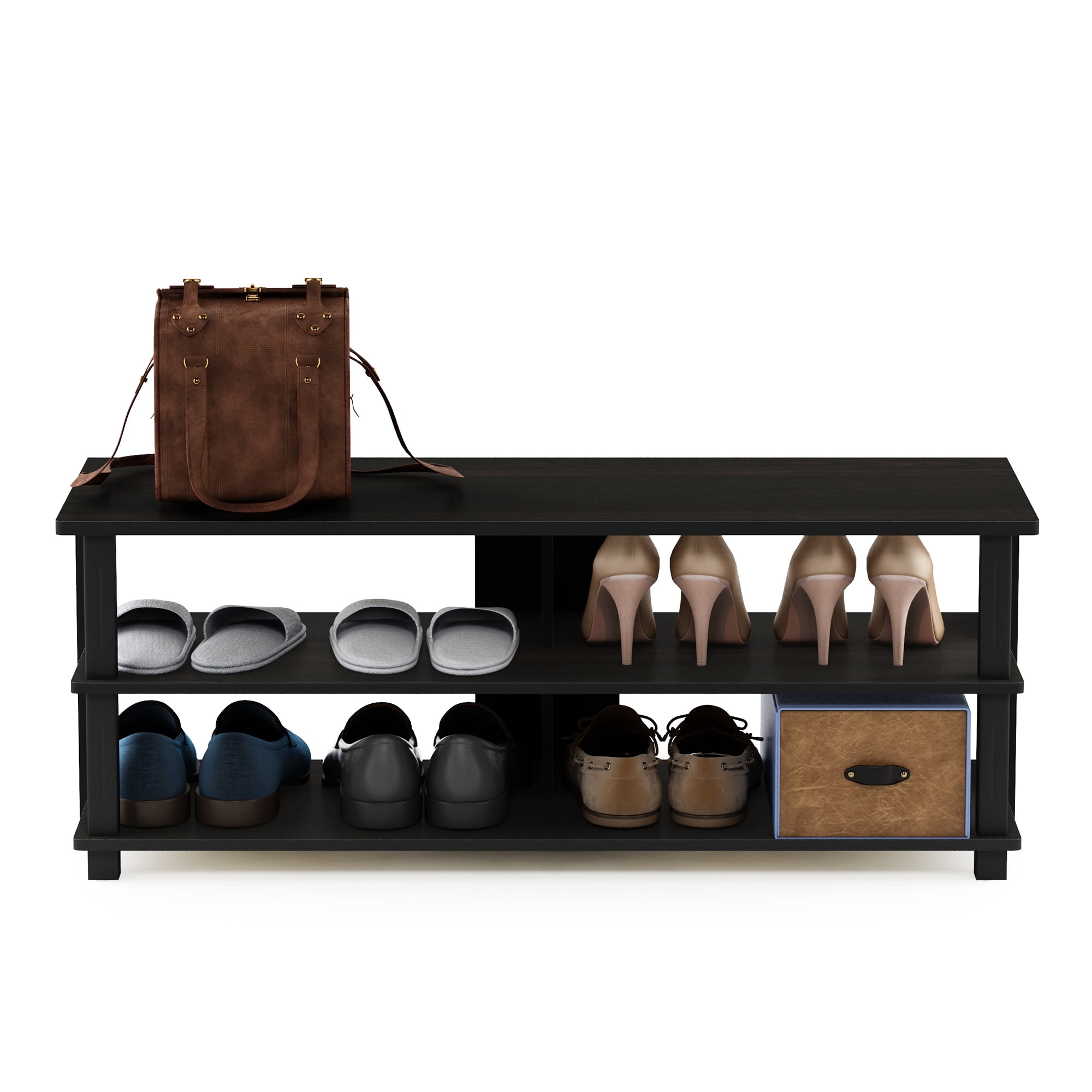 Furinno Turn-N-Tube 3-Tier Compact Open Storage Shoe Rack for Closet Entryway, Espresso/Black
