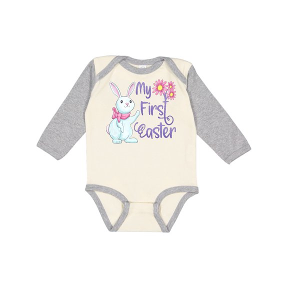 Inktastic My 1st Easter Cute White Bunny with Spring Flowers Boys or Girls Long Sleeve Baby Bodysuit