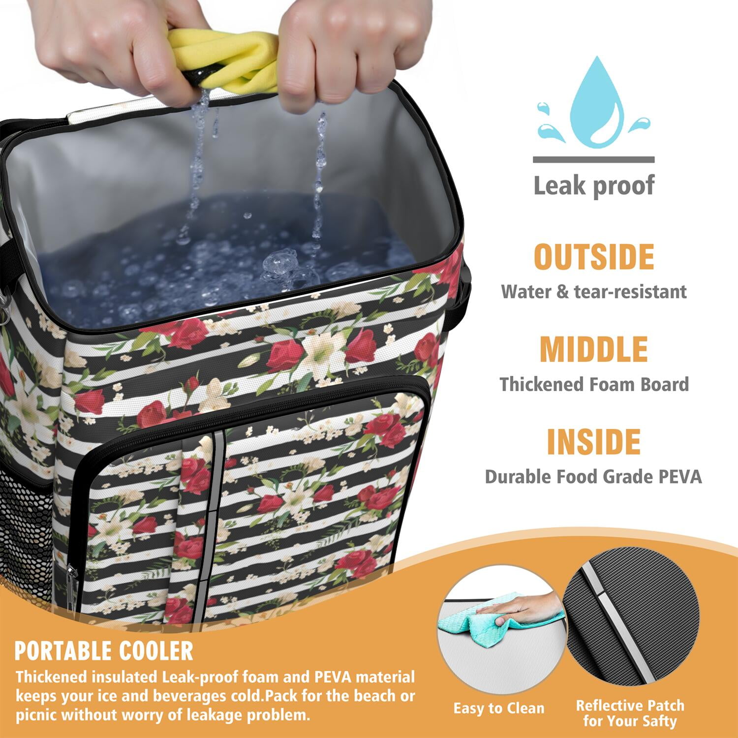 Travel Cooler Bag - Pioneer Flower Floral Print Pattern Camping Beer Cooler Backpack with Bottle Opener- Waterproof Insulated Picnic Backpacks - Cooler Bag for Beach