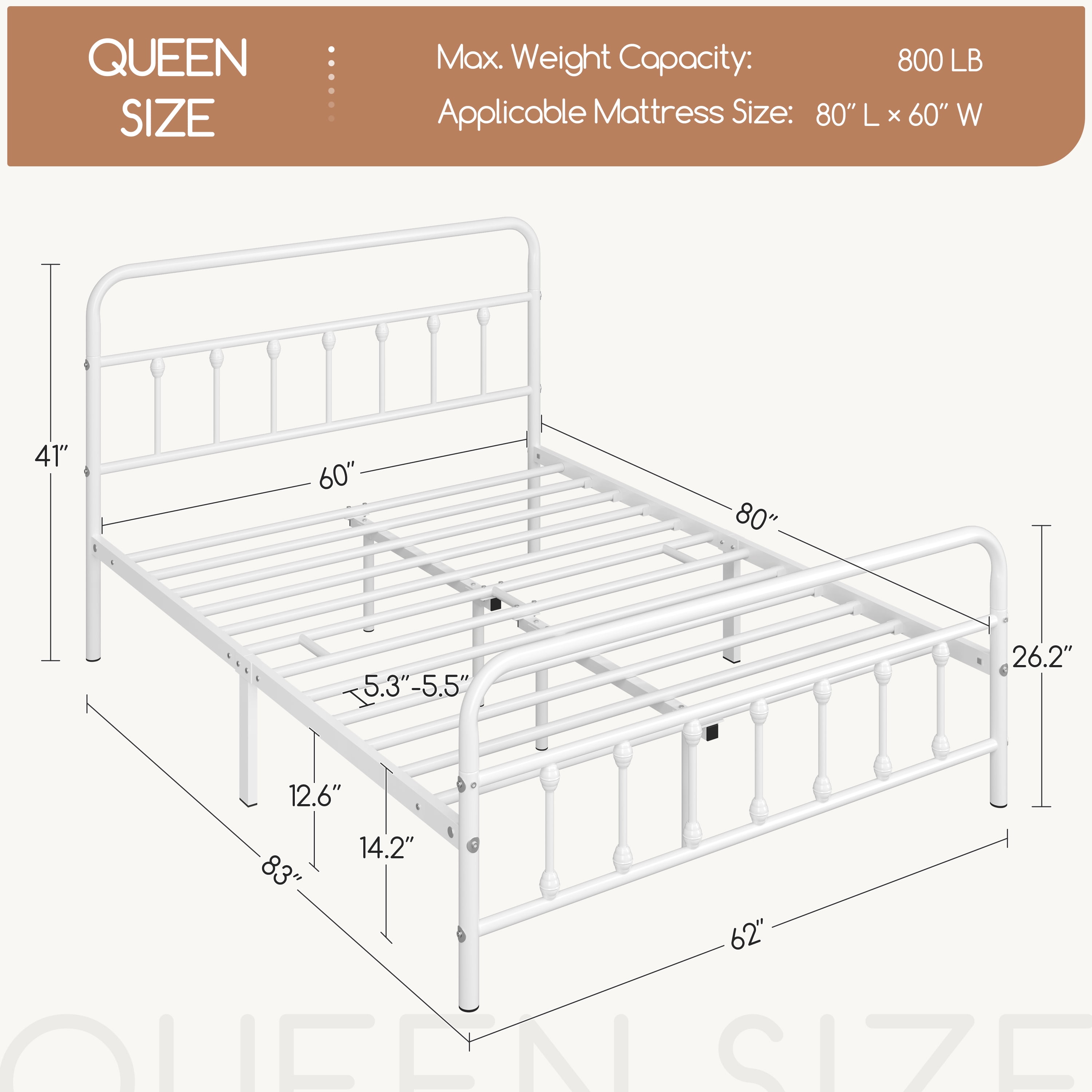 Alden Design Queen Size Classic Iron Platform Bed with High Headboard and Footboard, White
