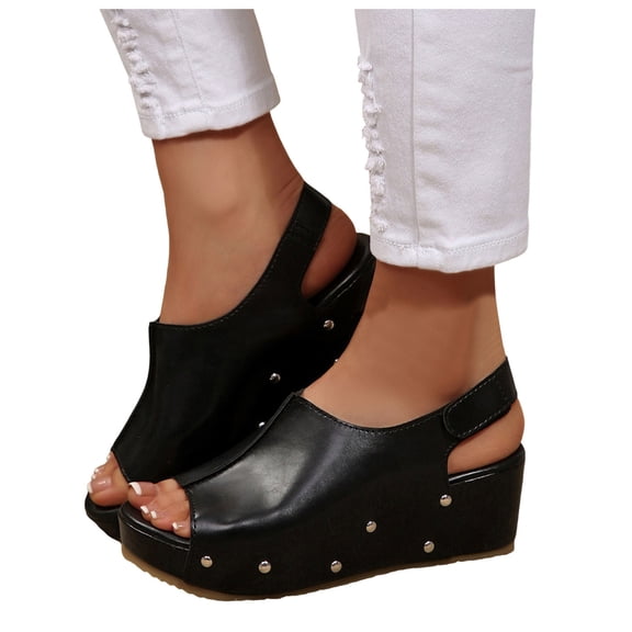 Rokment Vintage Platform Wedge Gladiator Sandals for Women Summer Fashion Casual Studded Leather Open Toe Chunky High Heels Dressy Sandals with Adjustable Back Straps Black Size 6.5