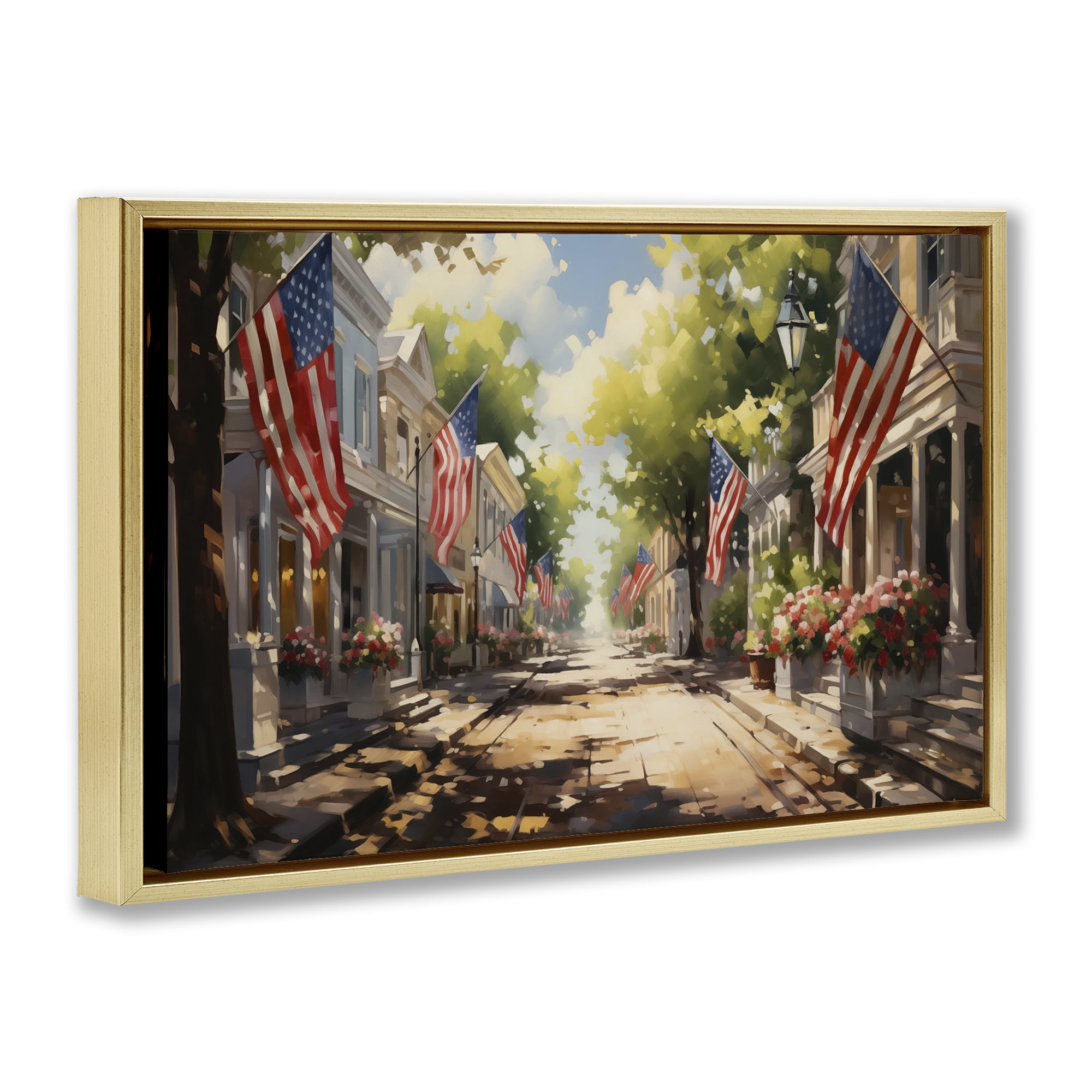 Stupell Industries American Flag Lined Street Scenic & Cityscapes Painting Gold Floater Framed Canvas Art Print Wall Art, 31 x 21
