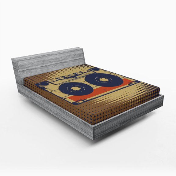 Ambesonne Vintage Fitted Sheet, Audiocasette Music Fun, Full Size, Night Blue Tan Orange