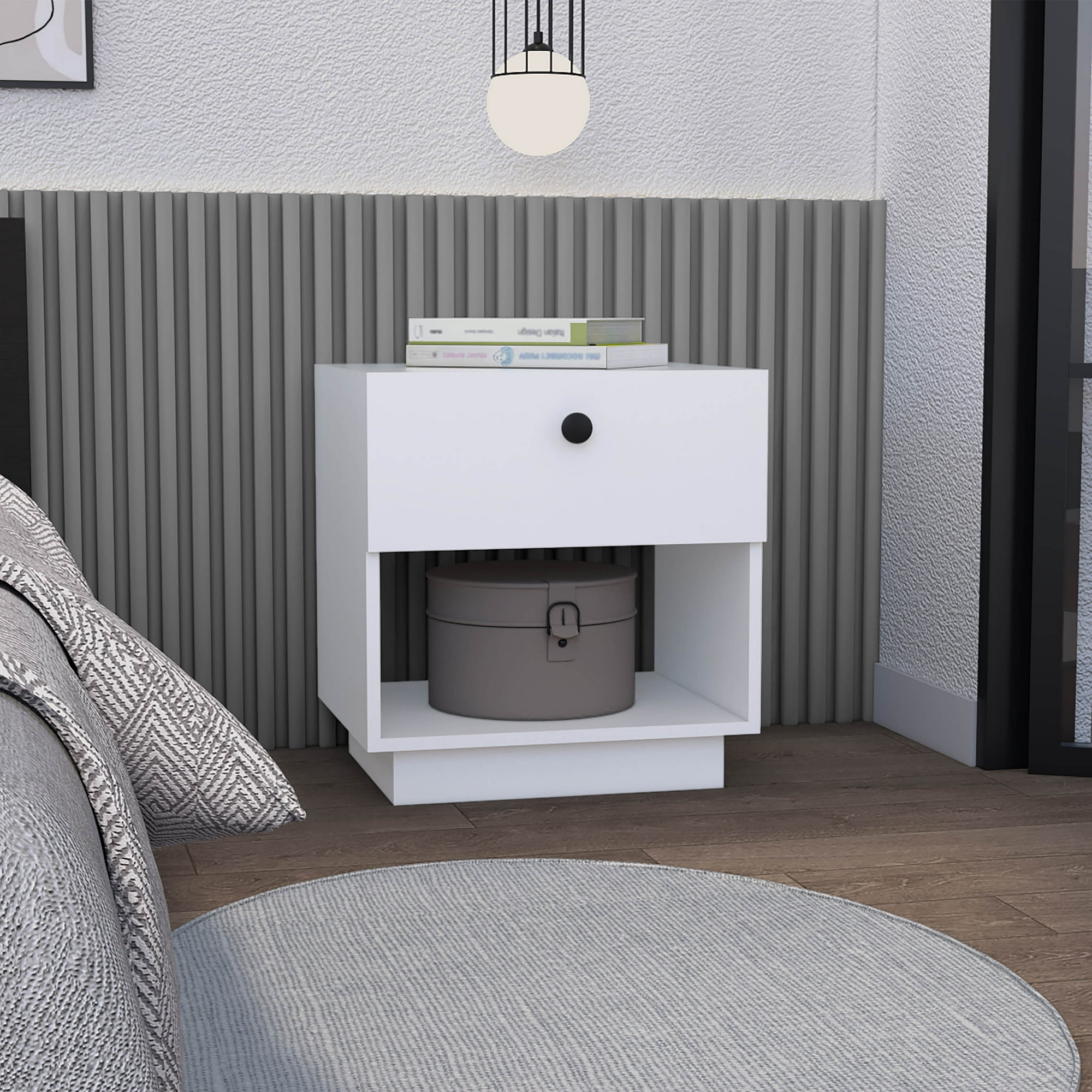 Paris White 1-Drawer Nightstand with Open Lower Shelf End Table & Side Table Compact Storage Modern Bedroom Furniture