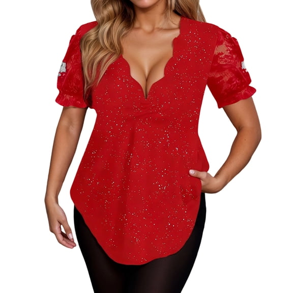 Elegant Glitter Lace Collar Short Sleeve T-Shirt Fashion Casual Blouse Top With Rhinestone Details Oversized T-shirts Short Sleeve Crewneck Casual Tops