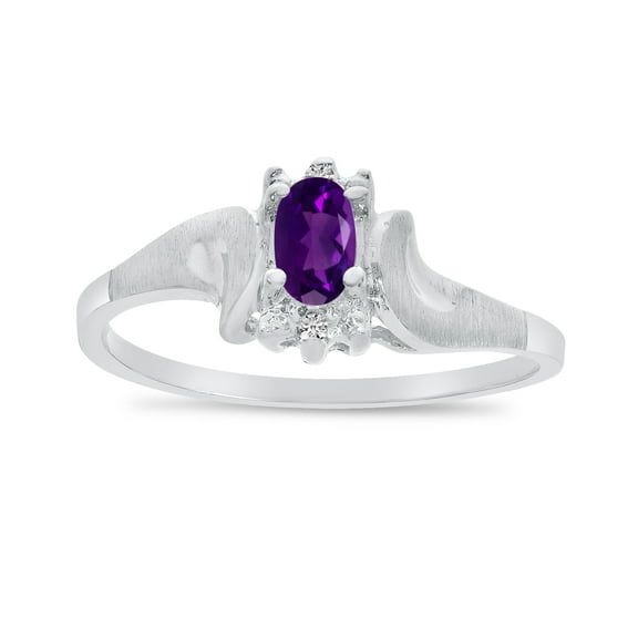 10k White Gold Oval Amethyst And Diamond Satin Finish Ring