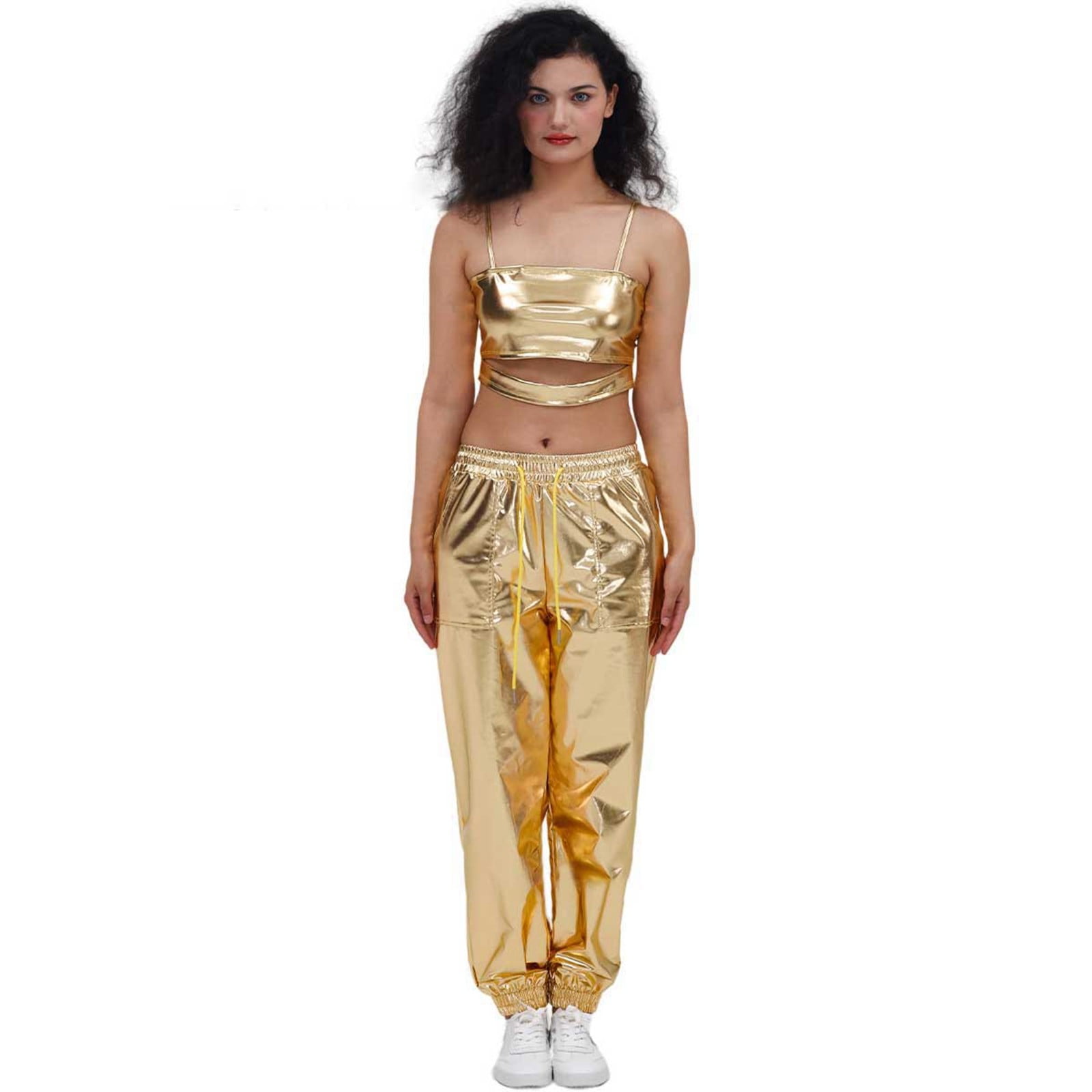 Wovix Womens Shiny Metallic High Waist Stretchy Jogger Pants Wet Look Hop Club Wear Holographic Trousers Casual Sweatpant Trendy Streetwear Party Show