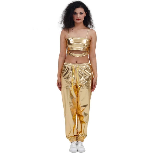 WILLBEST Pantalones Casuales para Mujer, Color Liso, Talla Grande, Tendencia Urbana, Estampado Dorado, Estilo Deportivo, Leggings Holgados de Cuero Brillante para Rendimiento Chica