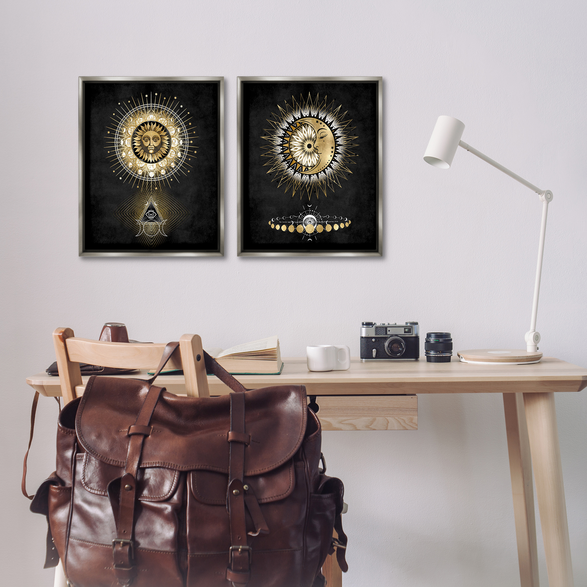Stupell Industries Astral Eye & Moon Phases Astrology & Stars Painting Gray Floater Framed Canvas Art Print Wall Art, 17 x 21, Set of 2