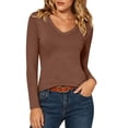 thumbnail image 2 of MYAOYINo Boundaries Womens Long Sleeve V Neck Top Solid Color Fitted T Shirt, 2 of 9