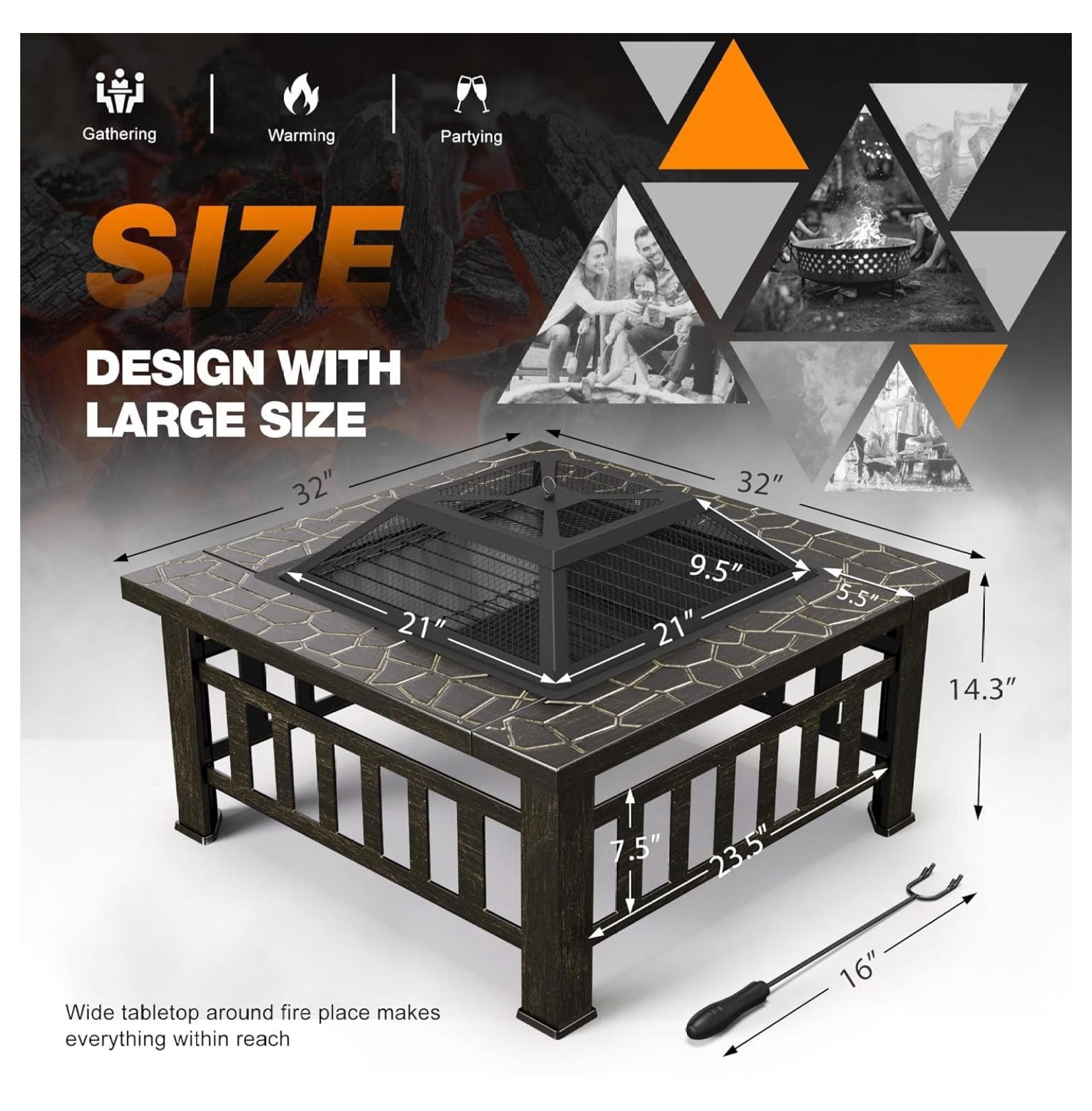 SONGMY Outdoor Fire Pit, 32 Inch Firepit Table Metal Outdoor Fireplaces with Waterproof Cover for Outside Patio Camping (Bronze)
