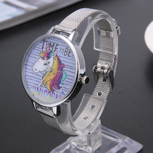 Reloj de pulsera de cuarzo informal con correa de malla y patrón de caballo de dibujos animados para mujer (2) Tmvgtek Para estrenar