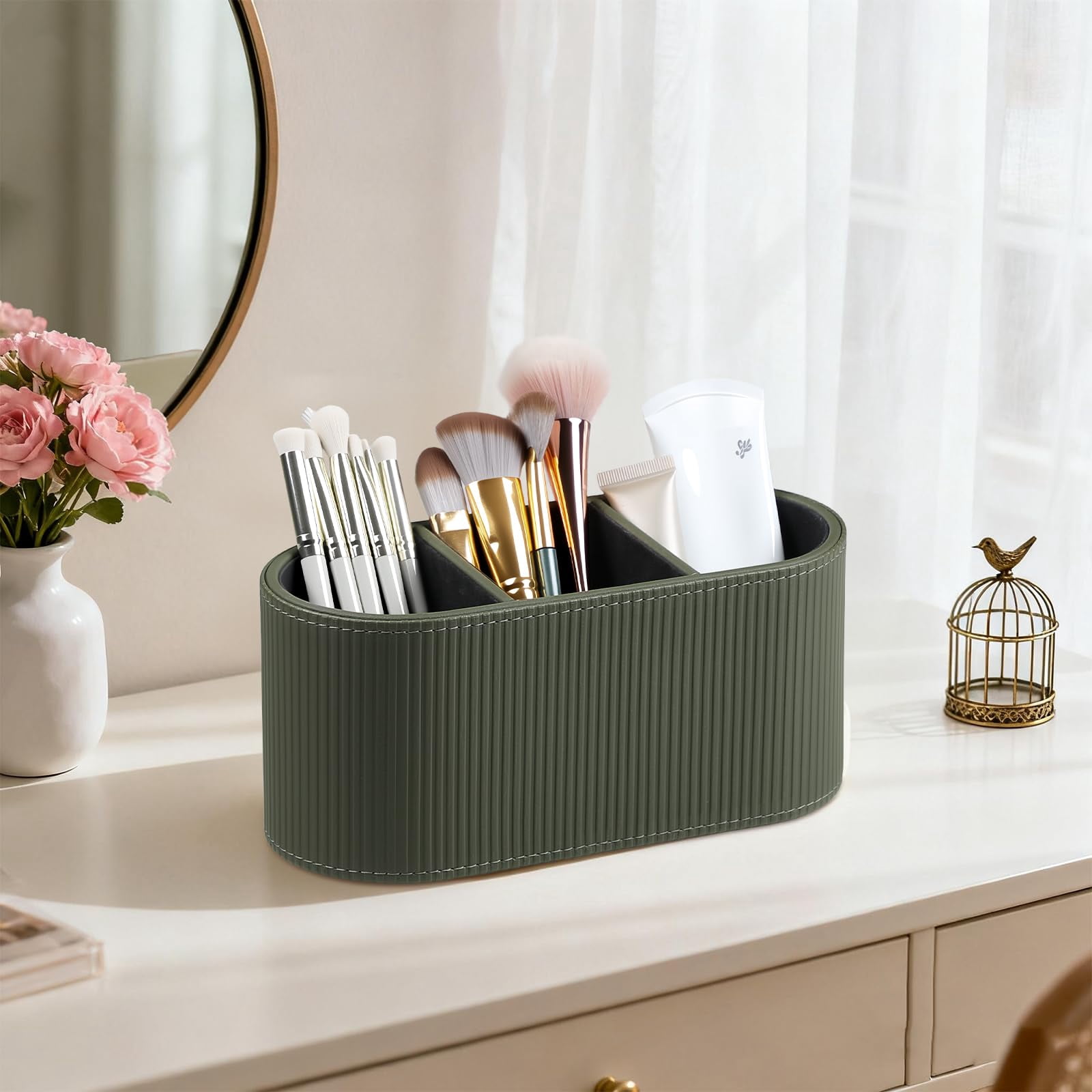Aesthetic Remote Control Holder  Pu Leather Desktop Organizers With 3 Compartments For Home Office Supplies And Accessories Stylish Bedside Nightstand Organizer (green)