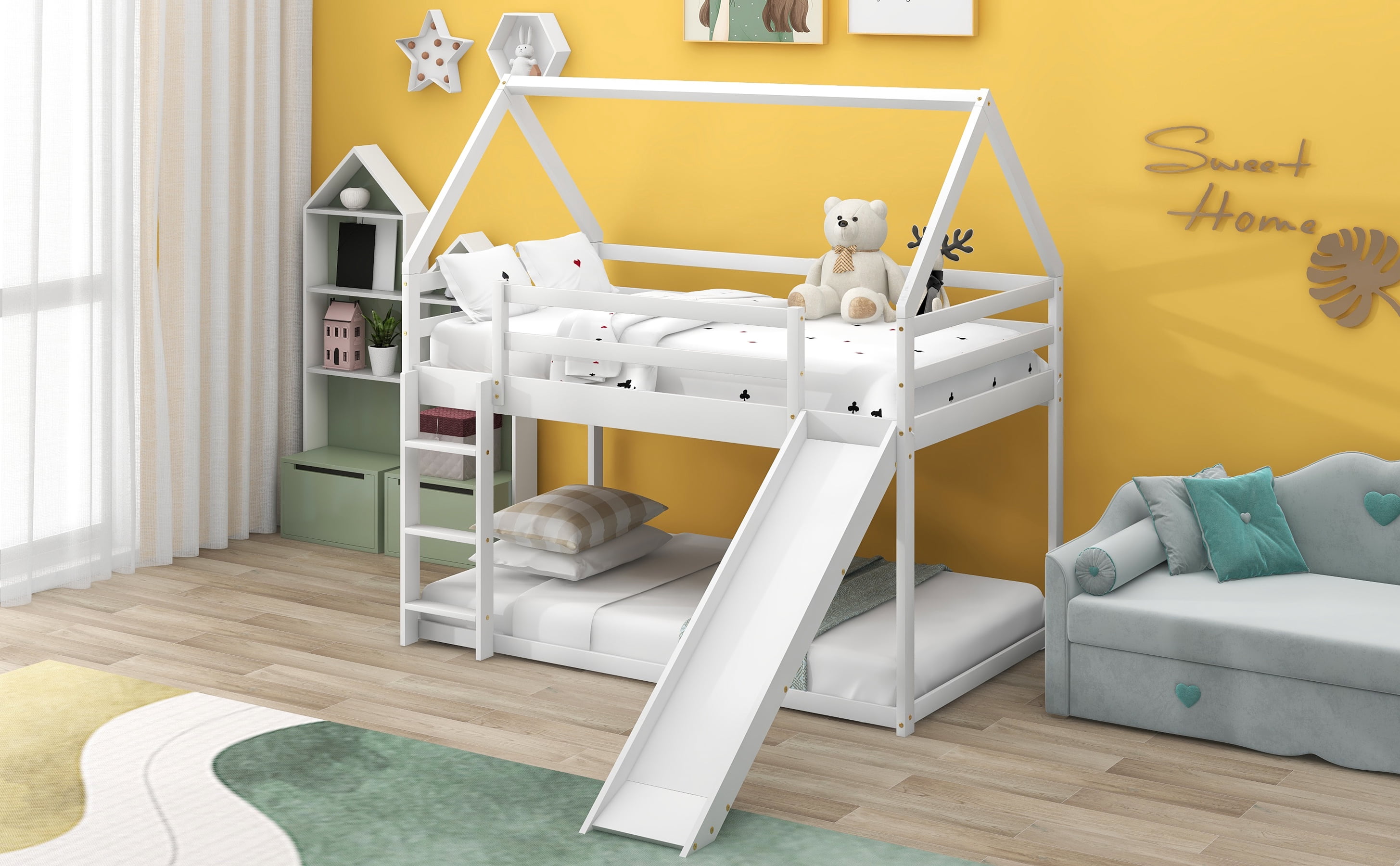 Euroco Pine Wood Bunk Bed, Twin-over-Twin with Slide for Kids Teens Bedroom, White