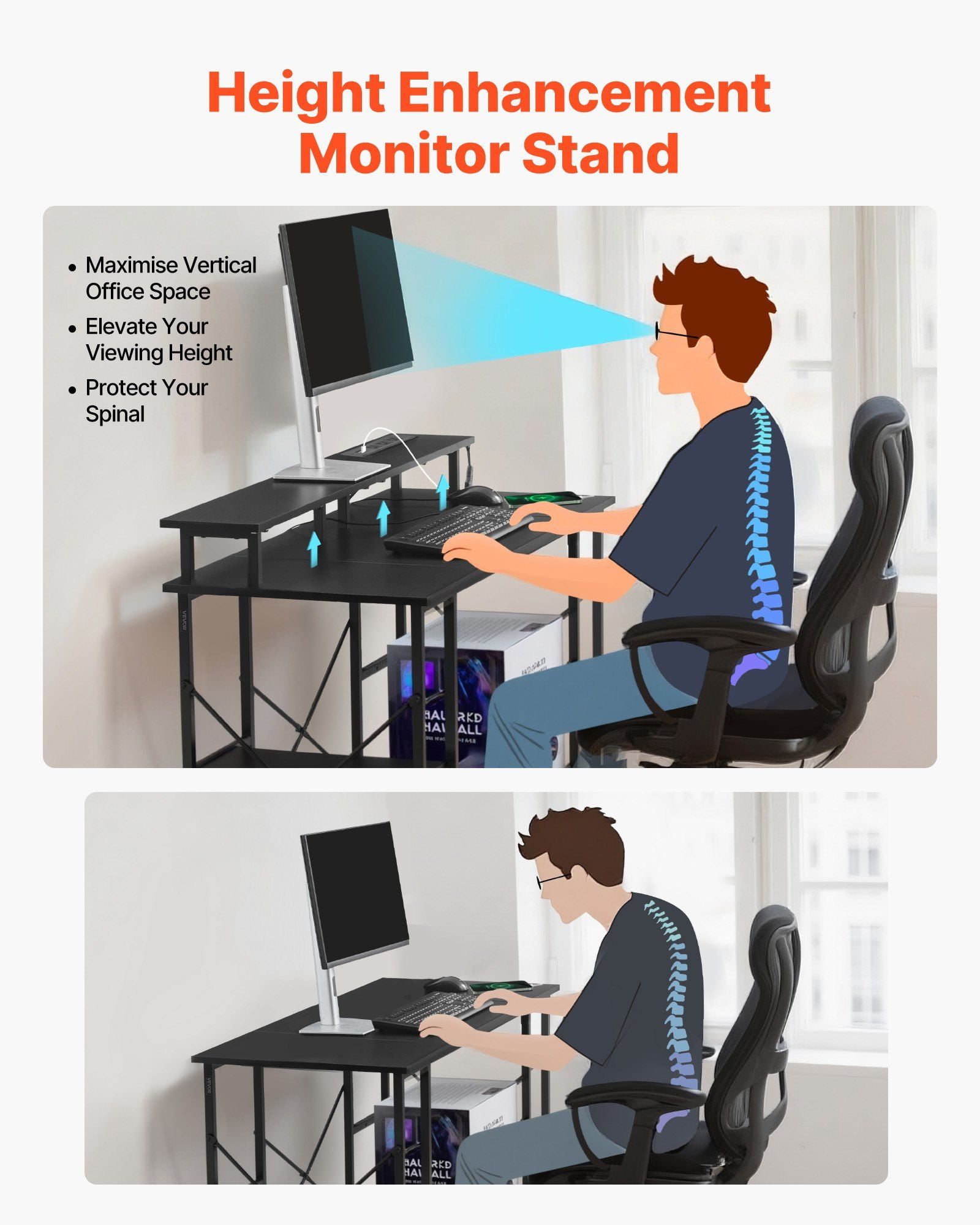 47" Black Gaming Desk Featuring LED Lighting System, Convenient Power Outlets, Monitor Stand and Two-Tier Shelves for Home Office Study