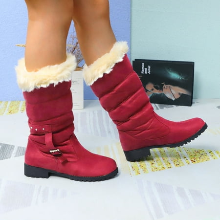 

TALKVE Snow Suede Boots Fashion Belt Heel Buckle Boots Warm Mid- Women s Thick women s boots