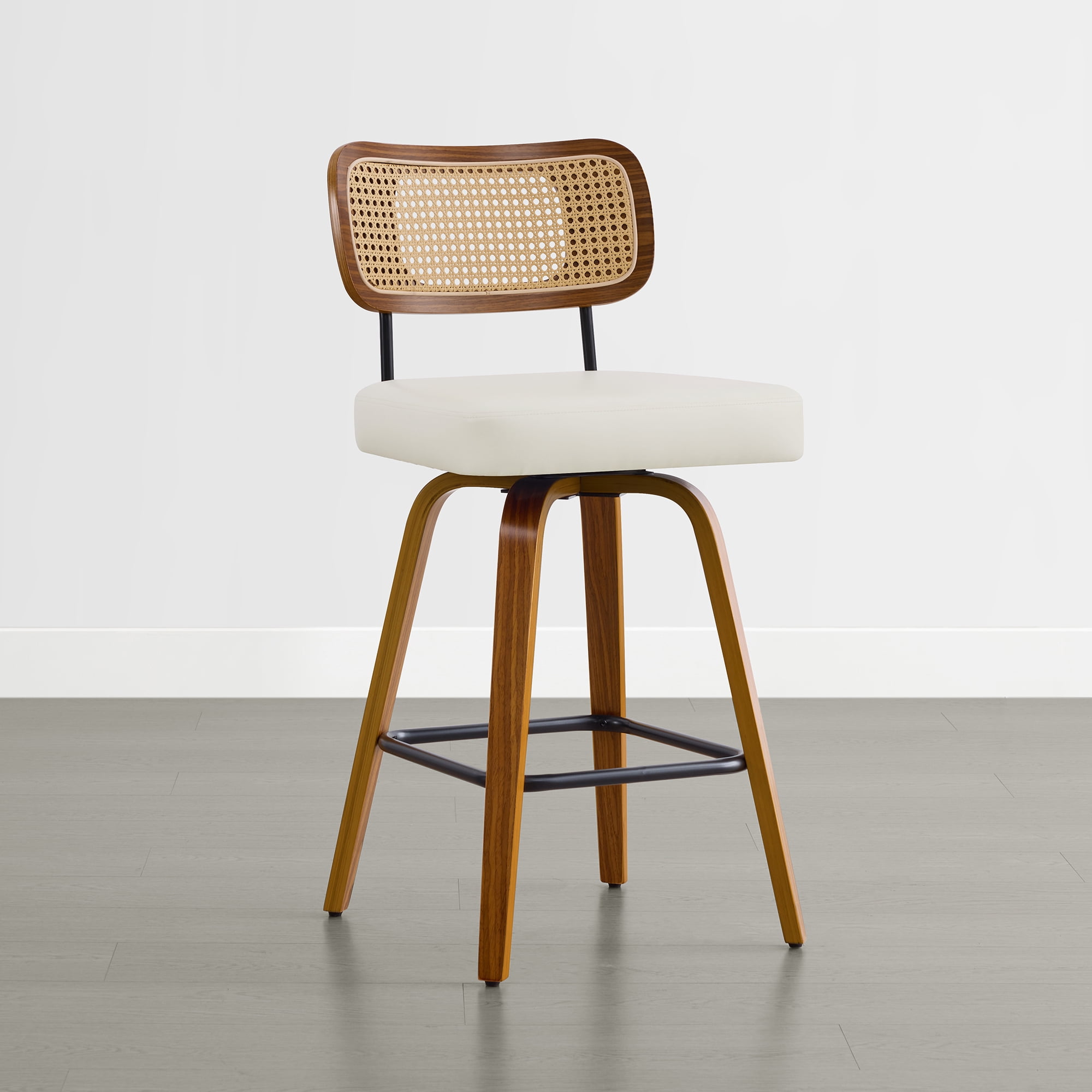 Spruce & Spring 26" Swivel Counter Bar Stool with Walnut Bentwood Frame Set of 3, PE Rattan Back, Ivory