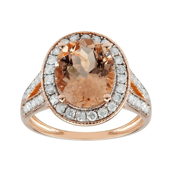14k Solid Rose Gold Natural Oval Morganite and Halo Diamond Vintage Style Birthstone Gemstone Engagement Ring