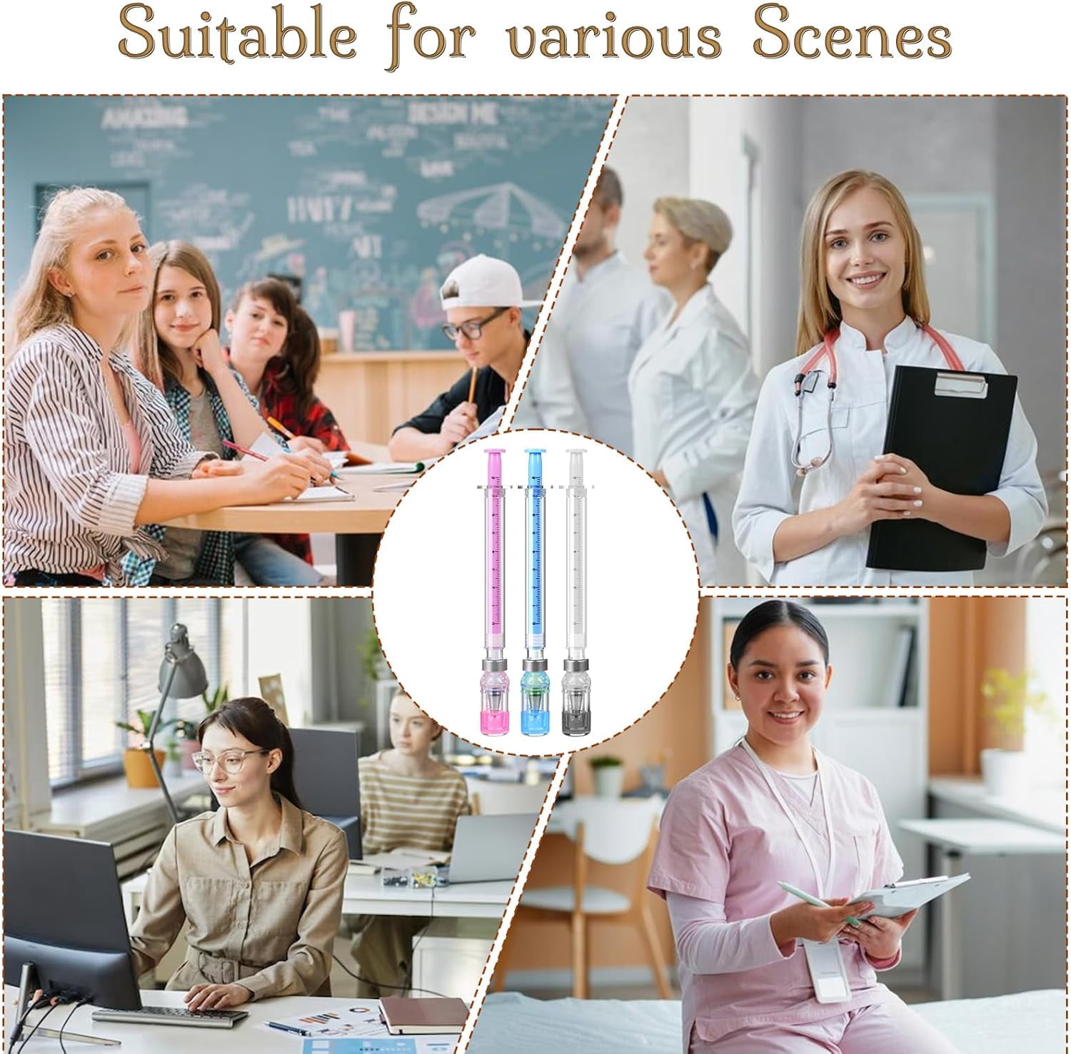 24 PCS Syringe Pen Bulk, 0.5mm Black Ink Needle Pens for Writing - 6.18in Syringe Pens for Nurses, Medical Theme Gel Pen, Office Party Favors(White, Blue, Pink)