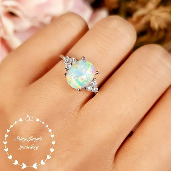 Three Stone Style Opal Engagement Ring, 8*10 mm White Fire Opal Cabochon Ring, October Birthstone Promise Ring