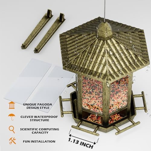 2 Pack Bird Feeders for Outdoor, Retro Pagoda Design Fun Installation Bird Feeder, Attracting Wild Birds Chickadees Goldfinches Cardinals Finches and Sparrows - Retro Gold