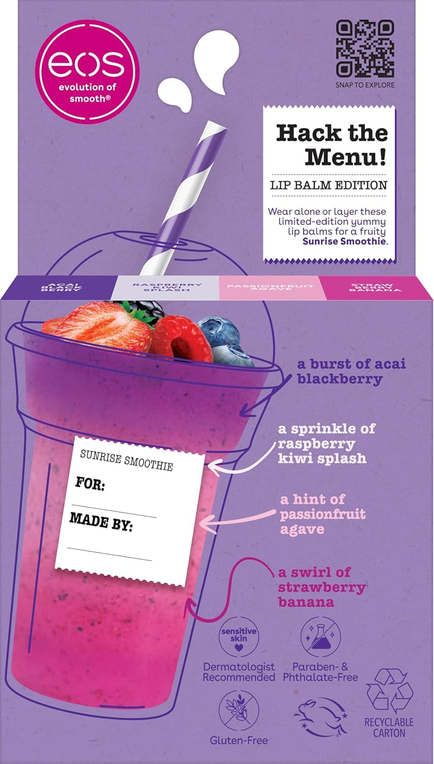 eos Flavor Lab Secret Menu Sunrise Smoothie eos Lip Balm Set, Moisturizing, Hydrating, 4-Pack, 0.14 oz