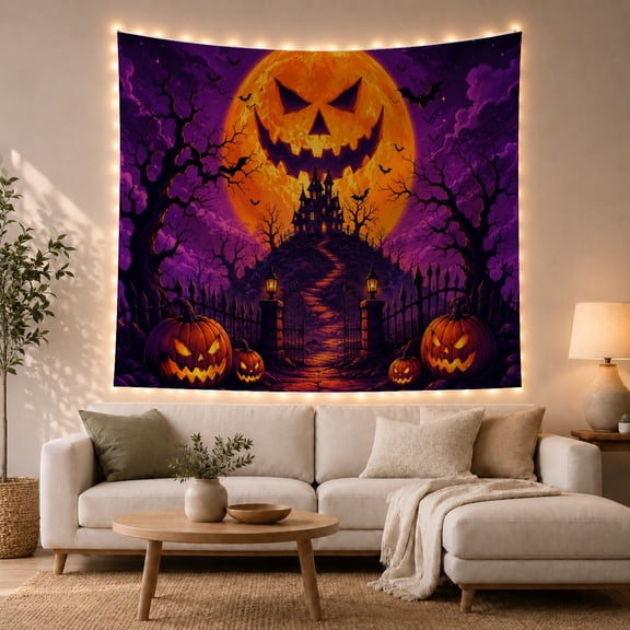 Haunted House on Hill with Pumpkins, Spooky Gothic for Goth Fans, Digital Art Wall Decor, Halloween Gift, Tapestry Wall Hanging for Bedroom and Living Room
