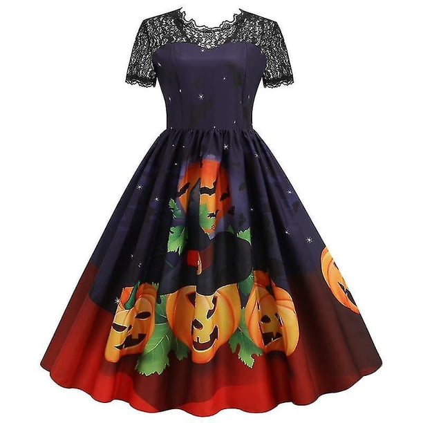 Vestido Retro de encaje para Halloween, disfraces de mujer de manga corta de los años 50 y 60, vestidos de fiesta Vintage con calavera y bruja, ropa aterradora para Halloween, Cosplay