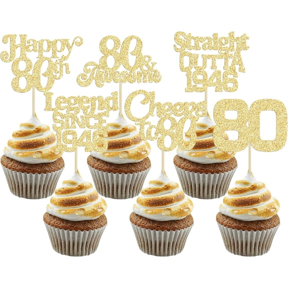 12Pcs Gold Glitter 80th Birthday Cupcake Toppers, Legend Since 1946, Cheers to 80 Picks for 80th Birthday Party Cake Decorations