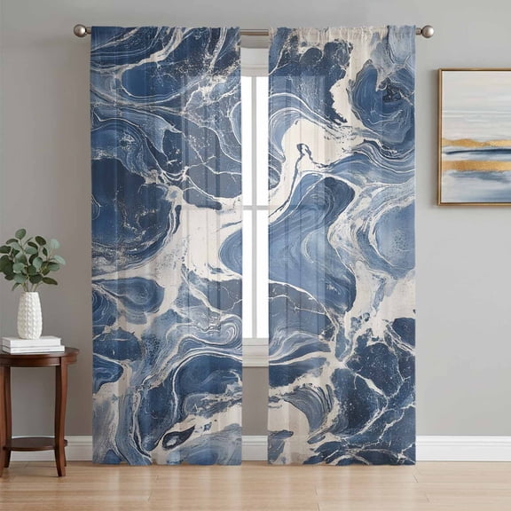 Vintage Navy Blue Sheer Curtains 96 Inch Length 2 Panels Set, Marble Abstract Art Voile Window Treatment Semi Sheer Long Curtains Drapes for Bedroom/Living Room/Kitchen 52"x96"x2