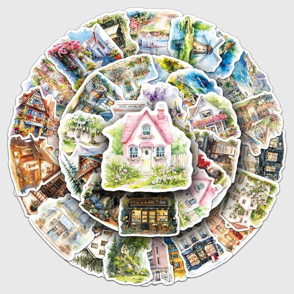 KAISA 50Pcs Watercolor House Stickers,Aesthetic Cottage & Town Decals for Journal Scrapbooking,Pvc Waterproof Stickers for Water Bottles Laptops,Architecture Lover Gifts Housewarming Gifts