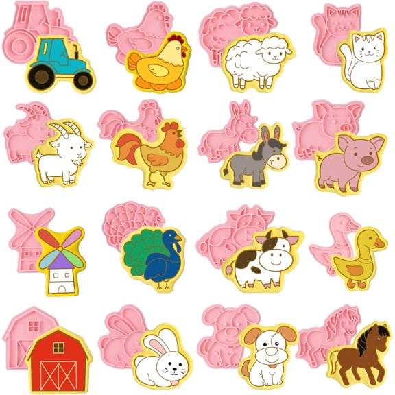 16 Pcs Farm Animal Cookie Cutters with Plunger Stamps Set, Farm Animal theme Fun Cookie Mold, 3D Animal Shape Cookie Cutters, Animal Series Shape Biscuit Cutters for Baking Birthday