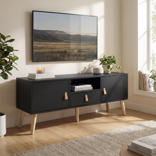 Mueble para TV 55” Moderno de Madera Sala con Repisas y Almacenamiento, Centro de Entretenimiento negro