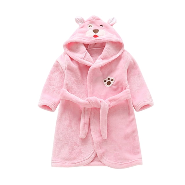 Hiiyo Toddler Boy's Flannel Bathrobe Sleepwear Bear Embroidery Hooded Night-Robe Homewear