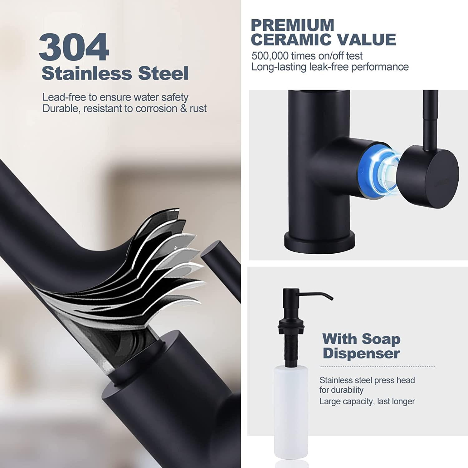 Wowow Single handle Black Stainless Steel Pull-Down Kitchen Sink Faucet with sprayer, 1 Piece