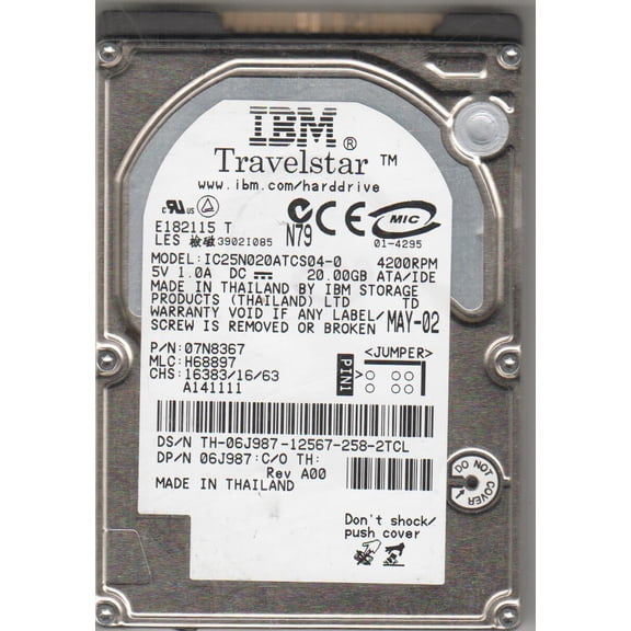 IC25N020ATCS04-0, PN 07N8367, MLC H68997, IBM 20GB IDE 2.5 Hard Drive