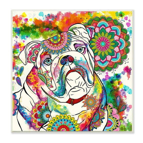 Stupell Industries Pet Bulldog Portrait Vibrant Medallion Boho Pattern, 12 x 12,Design by Sangita Bachelet