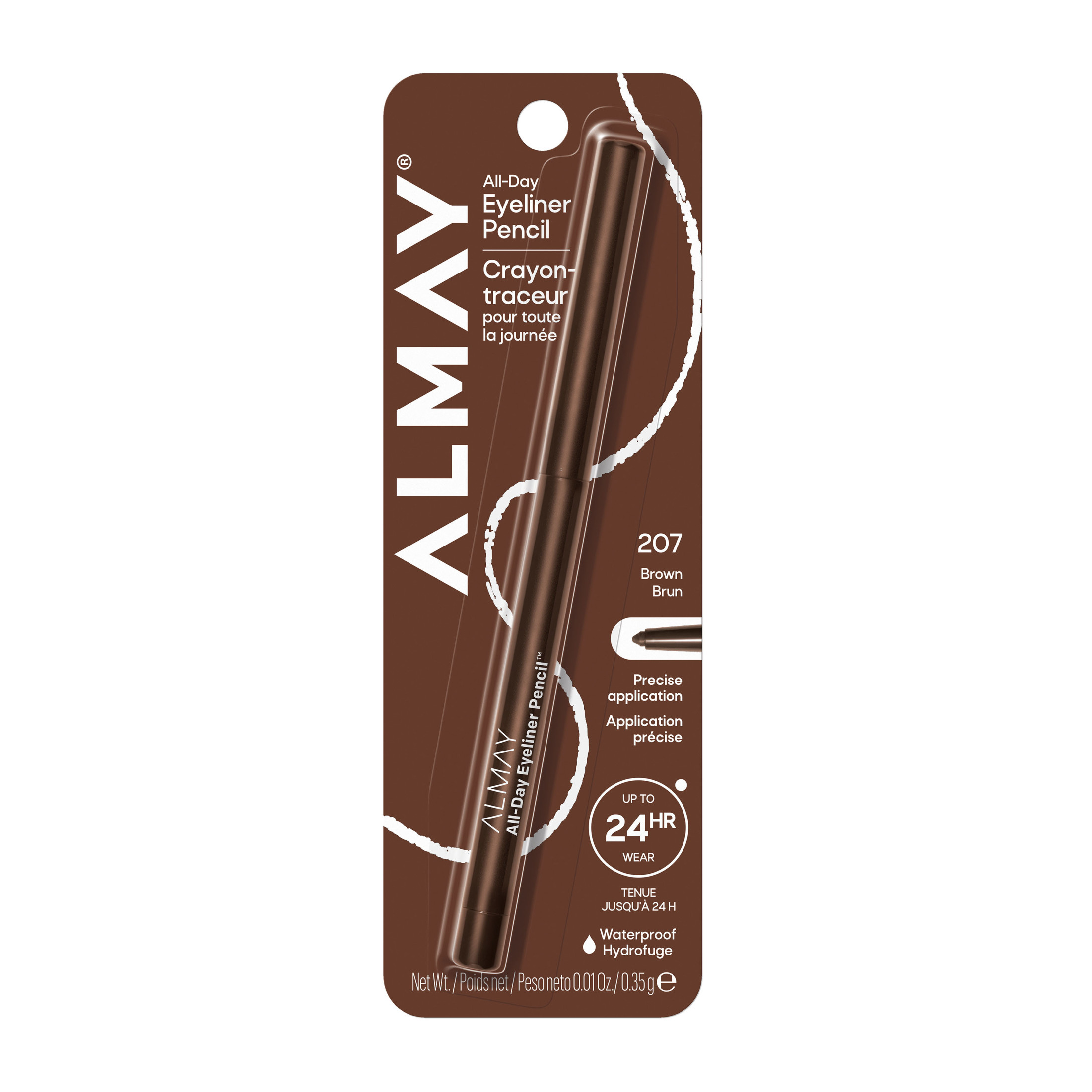 Almay All-Day Eyeliner Pencil, Precision Tip Eye Makeup, Hypoallergenic, Built-In Sharpener, 207 Brown, 0.01 oz