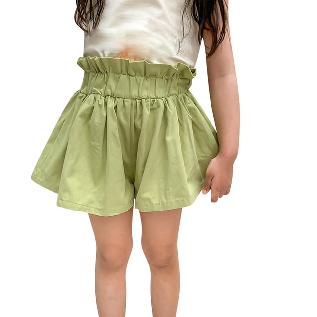 Odeerbi 1-9 Años Niñas Verano Algodón Lino Pantalones Cortos Ruffle Wide Leg Pantalones Cortos Casual Transpirable Color Sólido Cute Leisure Shorts