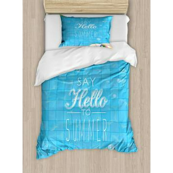 Hello Summer Twin Size Duvet Cover Set Top View Of Swimming Pool With Clean Water Flip Flops And Flippers Fun Holiday Decorative 2 Piece Bedding