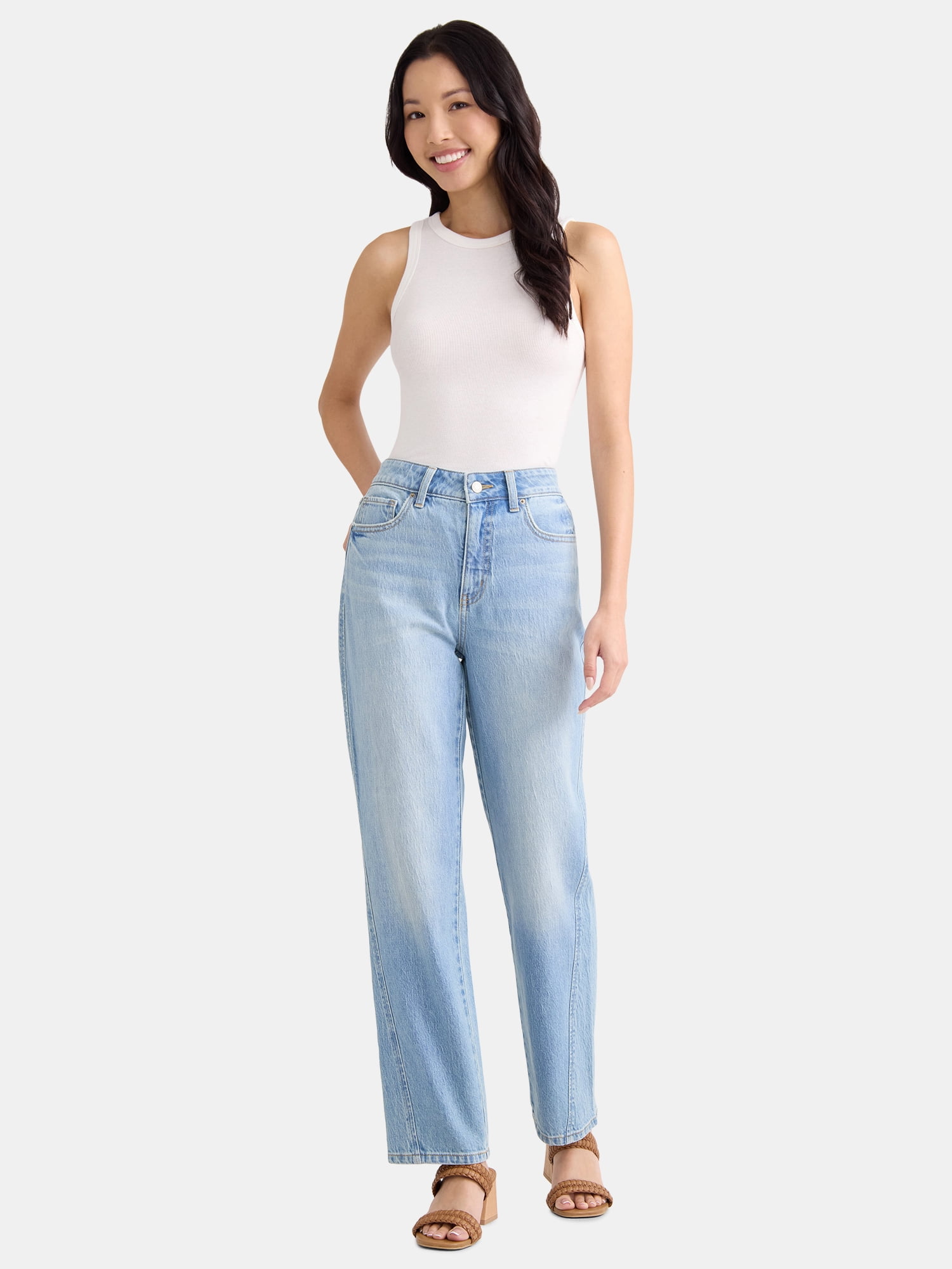 Time and Tru Women's High Rise Relaxed Straight Leg Jeans, 30" Inseam, Sizes 0-22