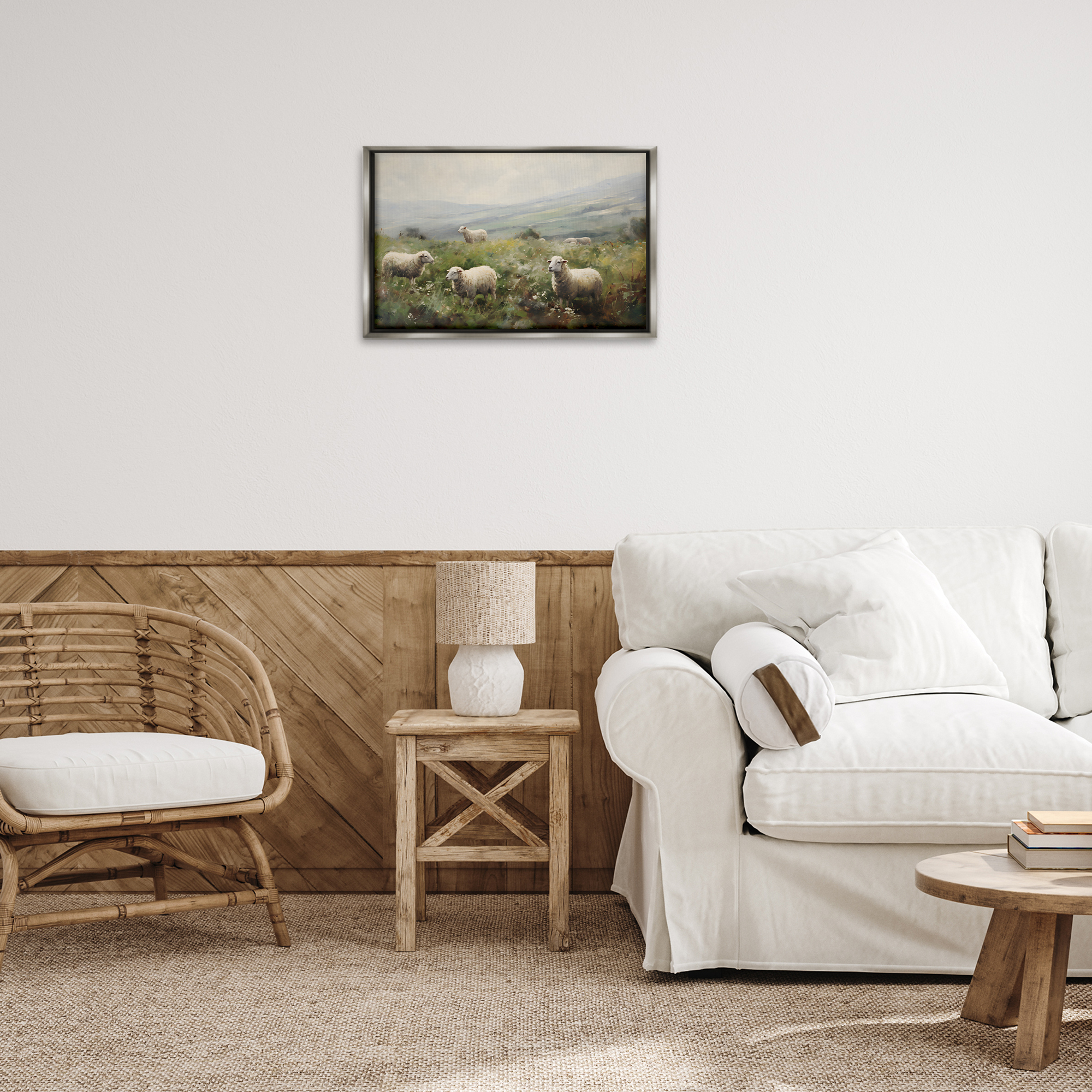 Stupell Industries Misty Sheep Pasture Landscape & Nature Painting Gray Floater Framed Canvas Art Print Wall Art, 25 x 17
