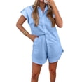 thumbnail image 2 of Women Summer Two Piece Outfits Short Sleeve Button Shirt Shorts Cute Sets Vacation Daily Wear Light Blue M, 2 of 7