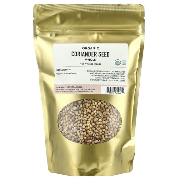 Pure Indian Foods Organic Coriander Seed, Whole , 8 oz (226 g)