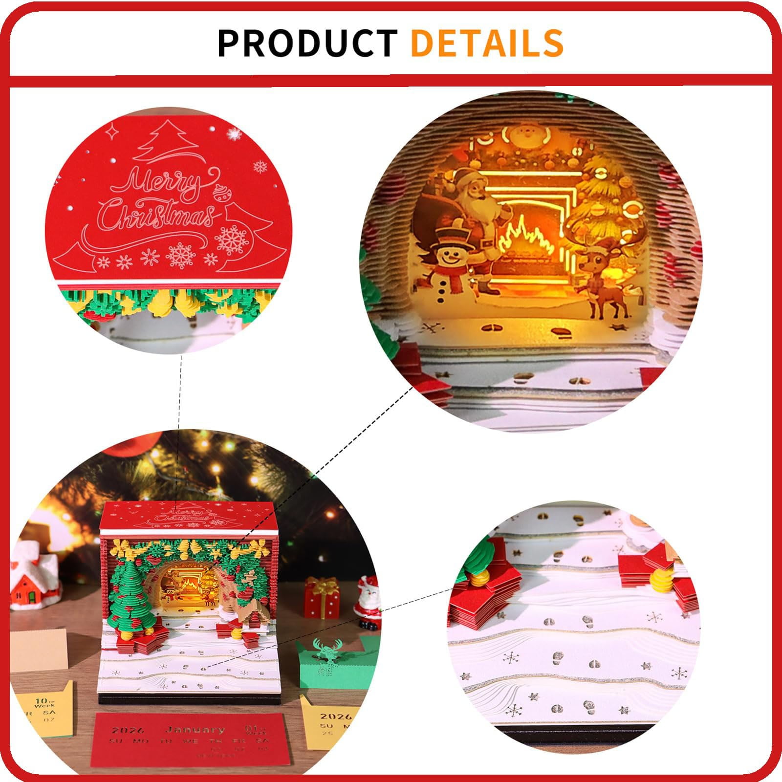 BNNG 2026 Time Piece Calendar 3D Castle Desk Calendar with LED Lights Memo Pad Paper Tear Away Carving Art Notepad Gift for Thanksgiving Christmas Housewarming Office Desktop Decoration